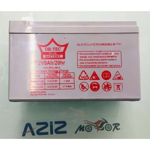 12V 9 AMPER 20 HR ELETİRİKLİ ARABA AKÜSÜ ORTEC AKÜ